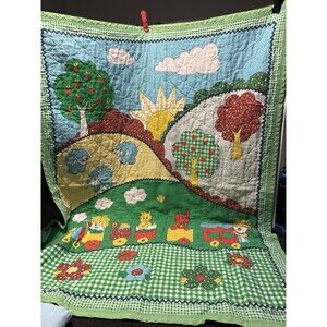 Vintage Thats Our Baby Train Green Gingham Multicolor Crib Blanket Quilt Lovey